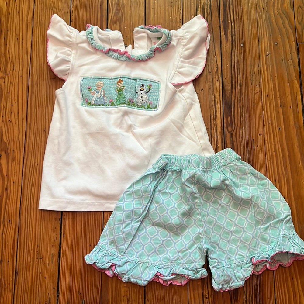 Shrimp and Grits smocked Frozen shirt/ shorts set.
